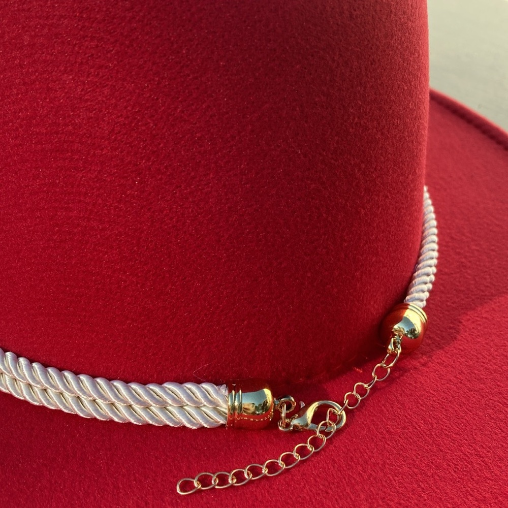 Chic Red Hat with Gold Chain Detail